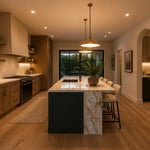 A complete contemporary kitchen bringing together the most defining concepts — integrated appliances, a contrasting island, a sculptural range hood, and intentional material mixing throughout.