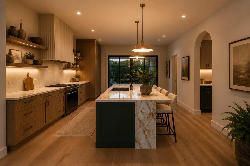 A complete contemporary kitchen bringing together the most defining concepts — integrated appliances, a contrasting island, a sculptural range hood, and intentional material mixing throughout.