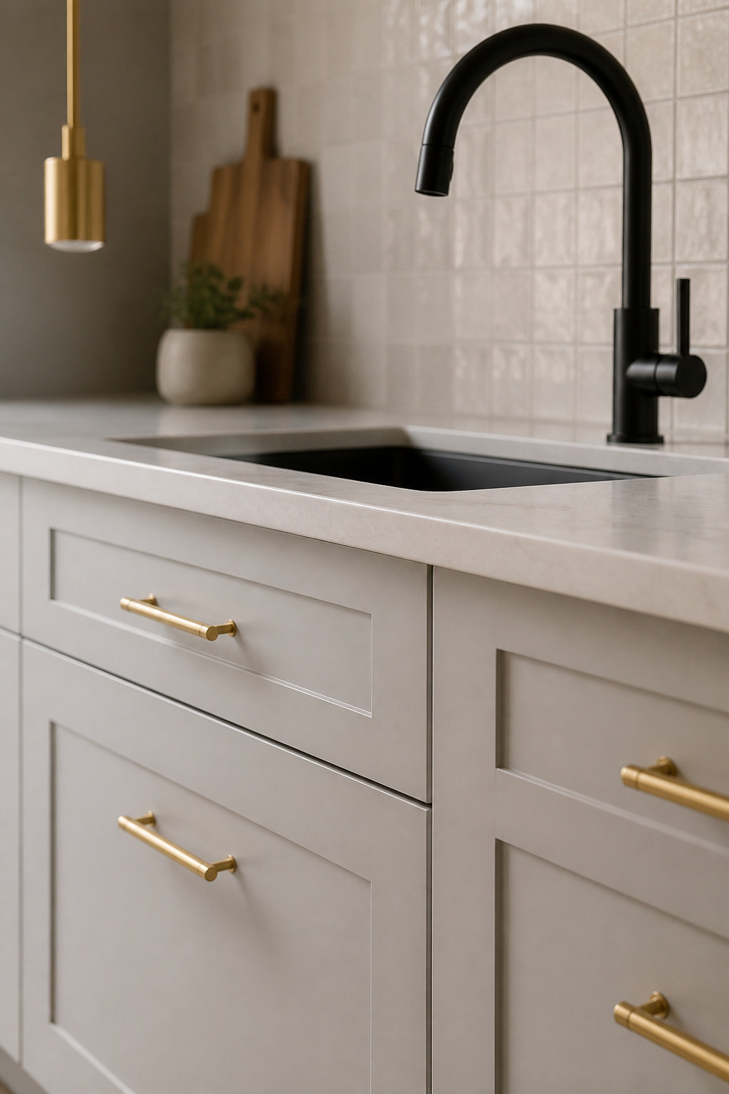 Brushed brass hardware and a matte black faucet show the intentional two-metal pairing that defines current contemporary kitchen specifications.