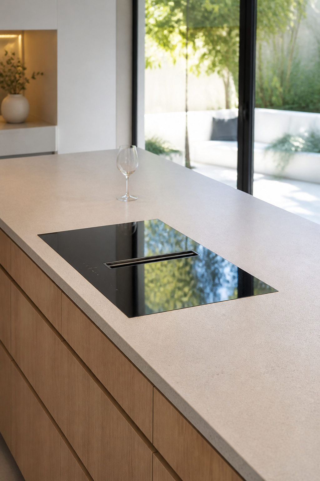 A BORA-style flush induction cooktop disappears into the quartz countertop surface — the only visible indication of its presence is the narrow central extraction slot.