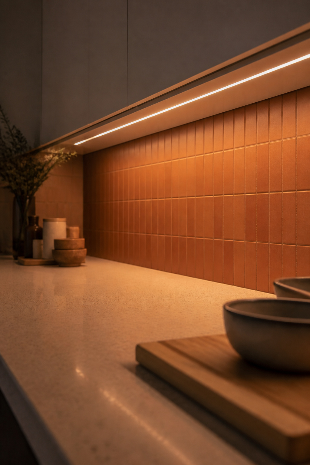 A recessed LED channel diffuses even 3000K task light onto the quartz countertop — under-cabinet lighting planned at the architectural stage, not added as an afterthought.