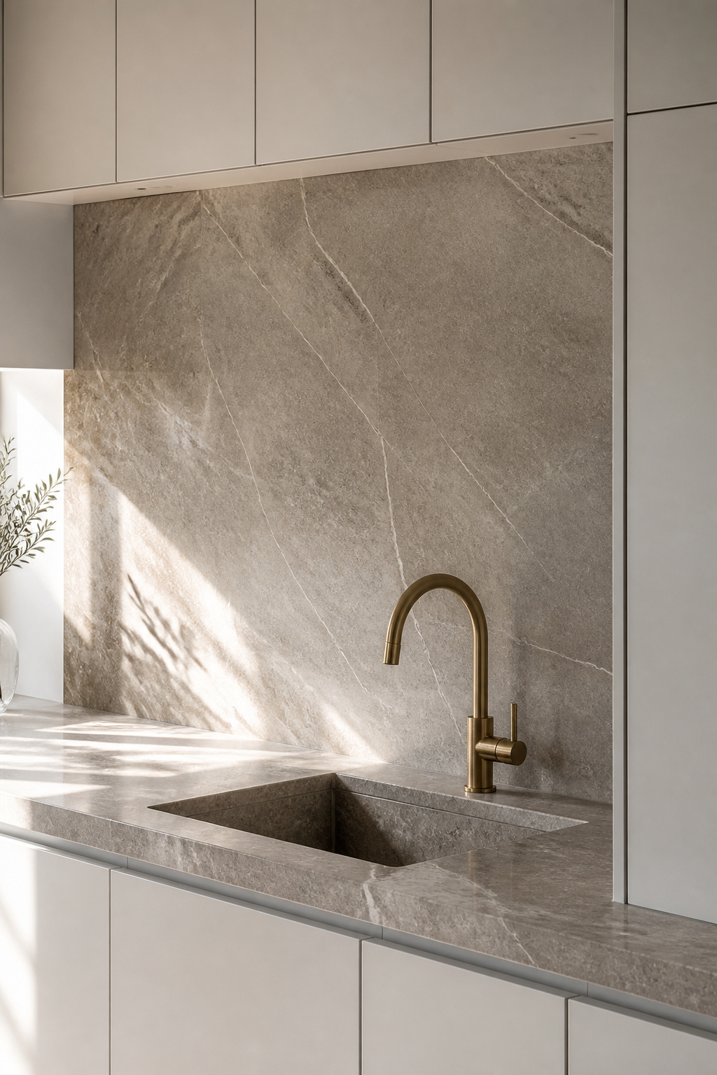 A single sintered stone slab flows from countertop through the full backsplash height with no grout interruption — material continuity that expands the apparent scale of the space.
