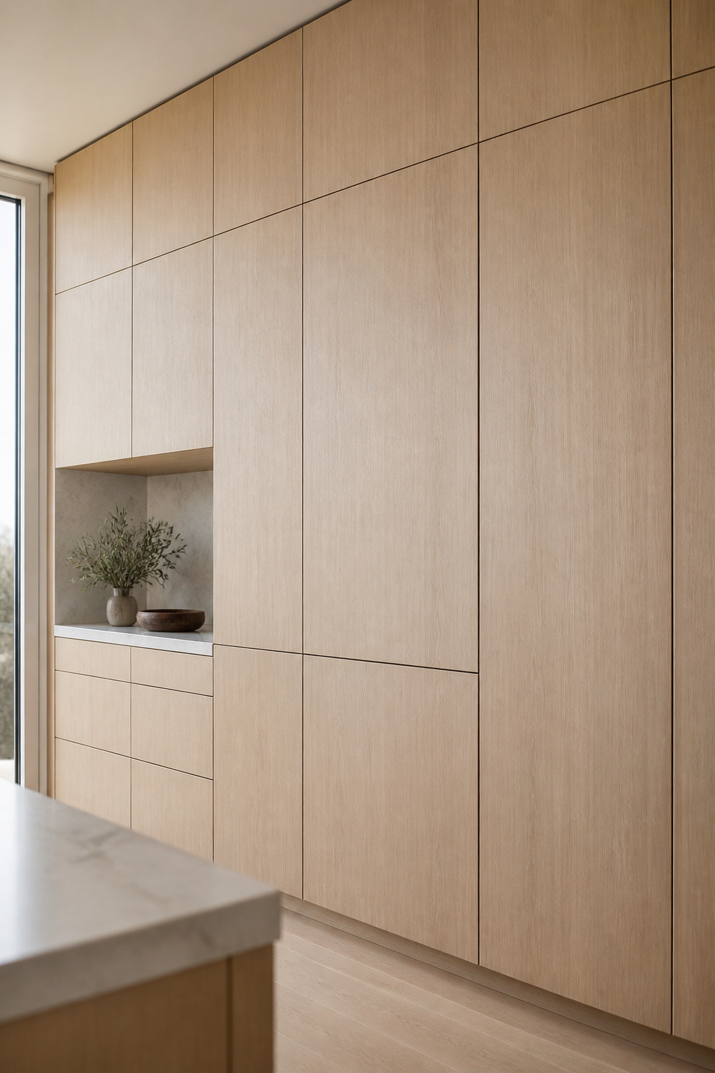 Panel-ready appliances concealed behind matching cabinet fronts form a visually unbroken wall — the defining element of a truly contemporary kitchen.
