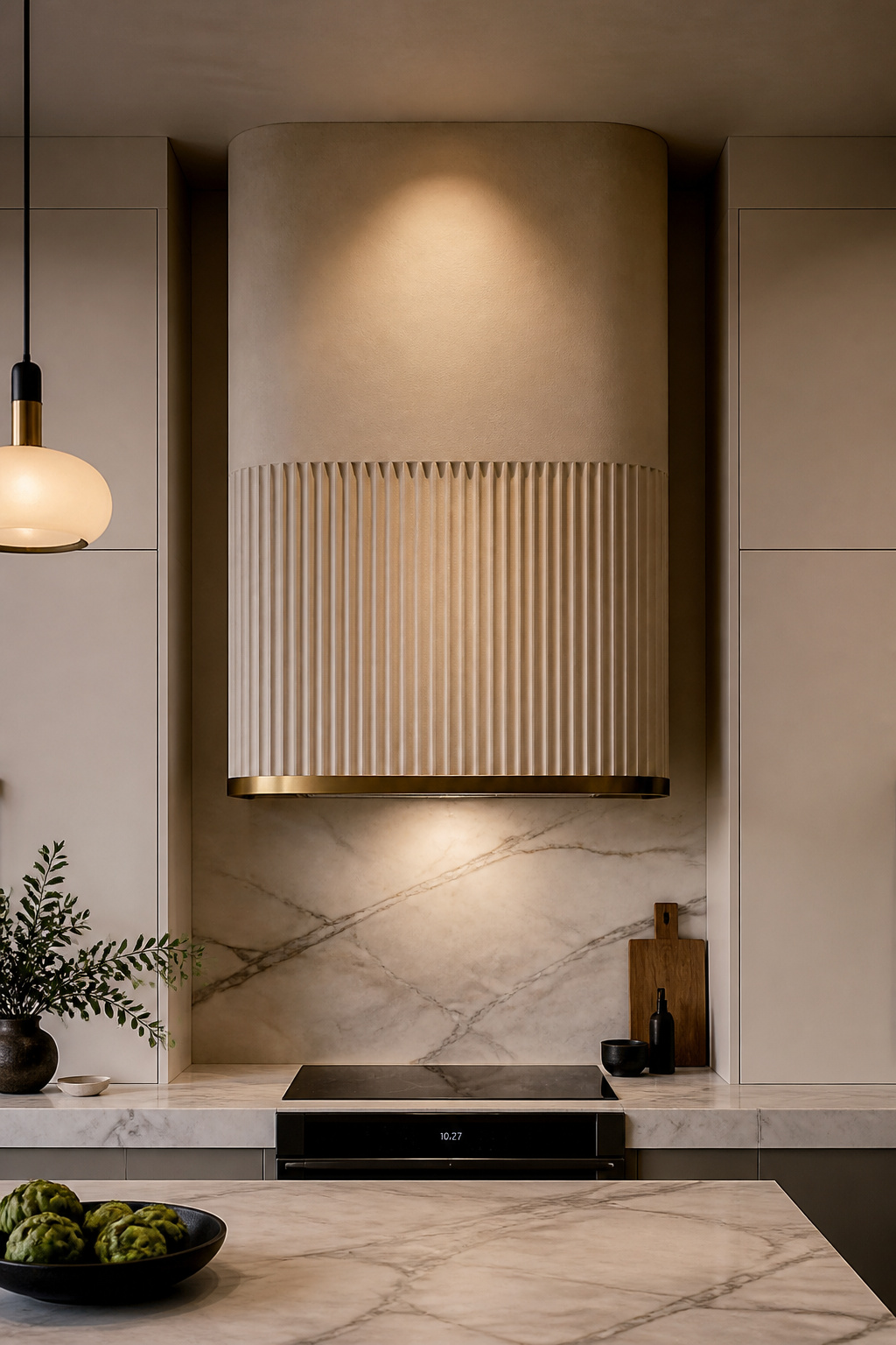 A fluted plaster hood with a brass trim band transforms the functional exhaust point into the kitchen's most prominent architectural statement.
