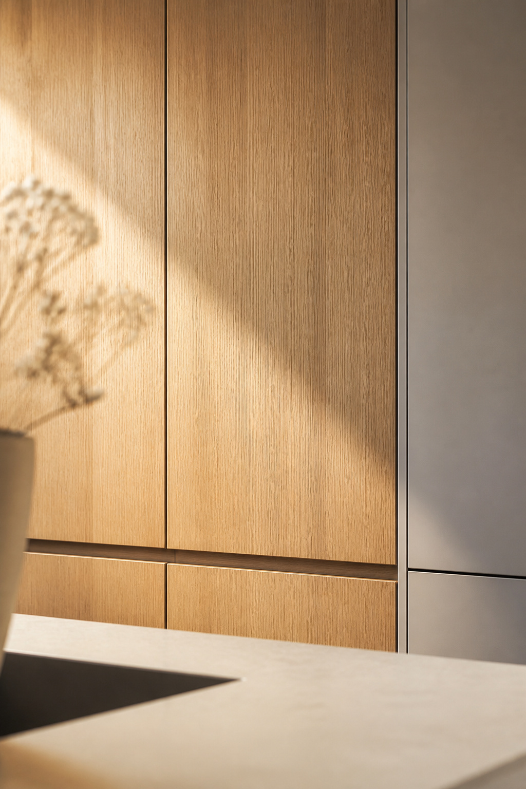 Rift-sawn white oak flat-panel doors combine geometric discipline with material warmth — the most characteristic detail of contemporary kitchen cabinetry in 2026.