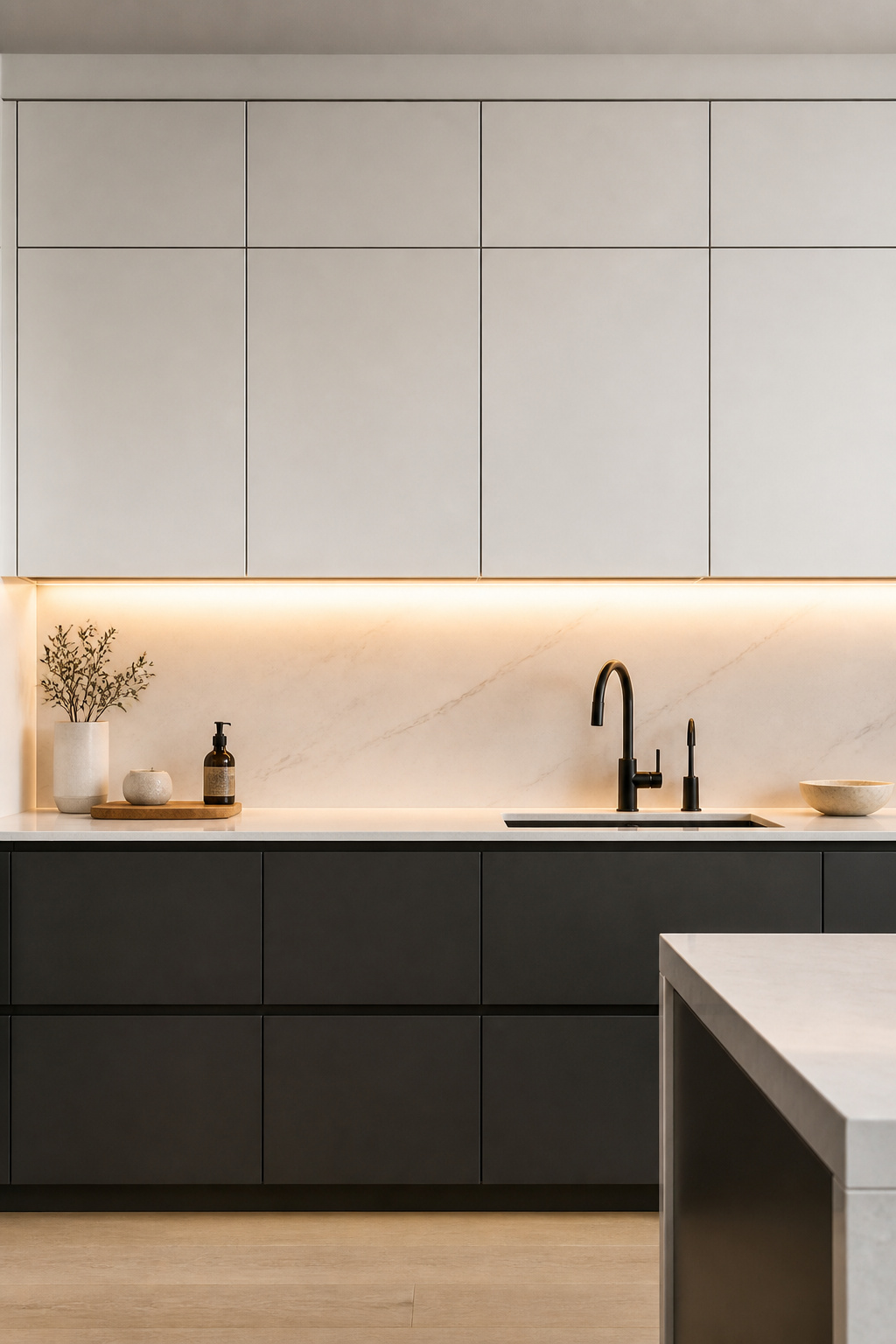 A routed J-pull profile at the door edge replaces hardware entirely — the clean geometric gap is the only visible detail in this handleless kitchen.