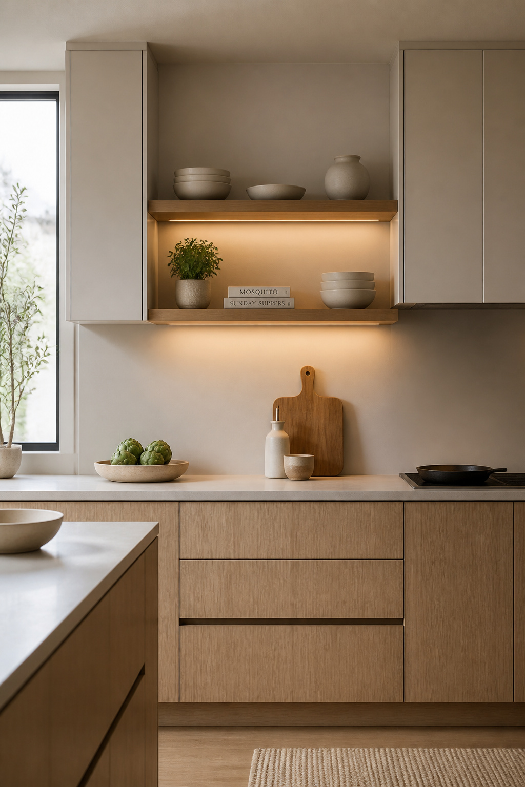 Two runs of white oak floating shelves display a curated selection of ceramic and cast iron against a backdrop of closed flat-front cabinetry — the 70-30 ratio that works in practice.