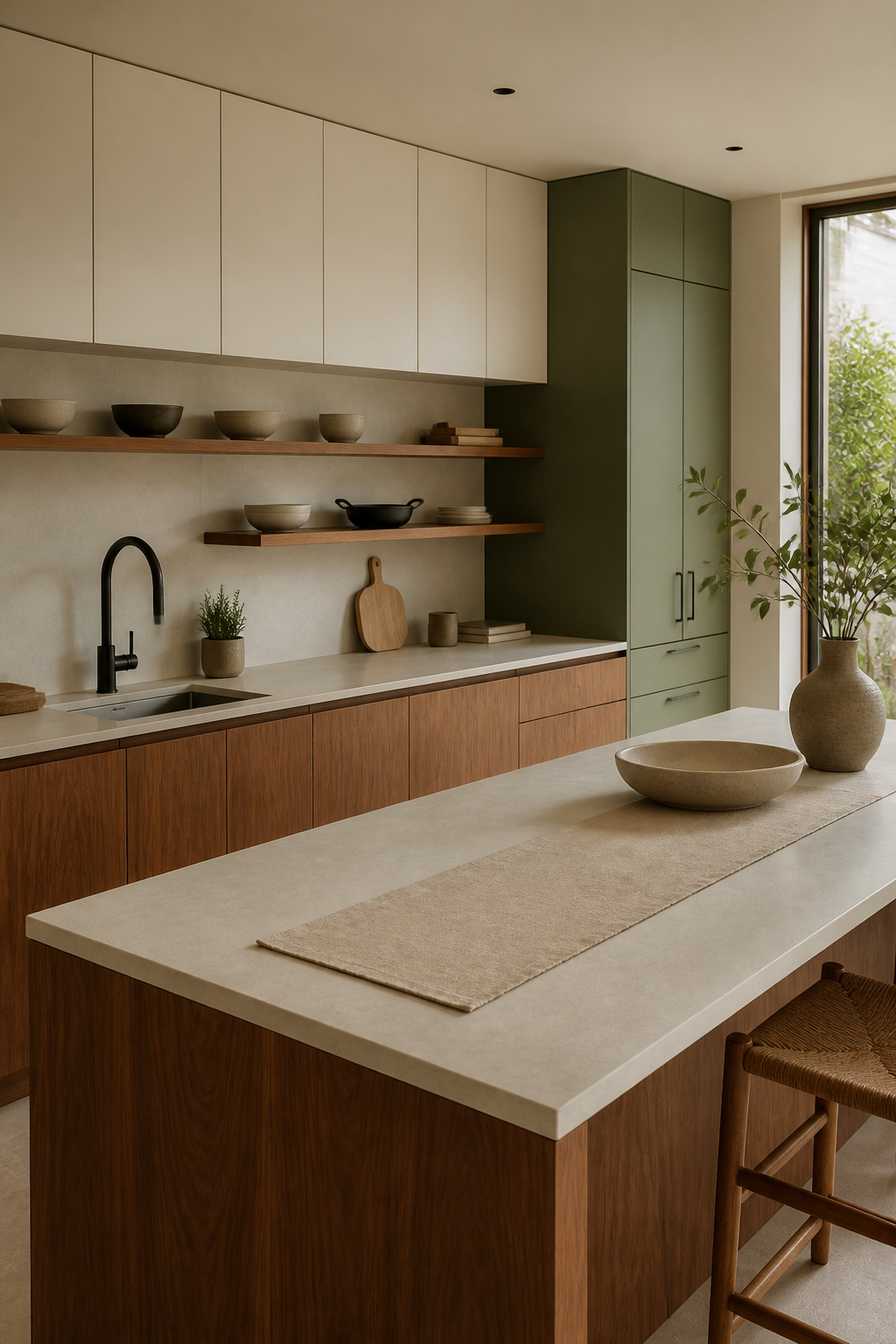 Walnut lower cabinetry, warm white uppers, handmade ceramics, and deliberately preserved counter space define the Japandi direction in a contemporary kitchen.