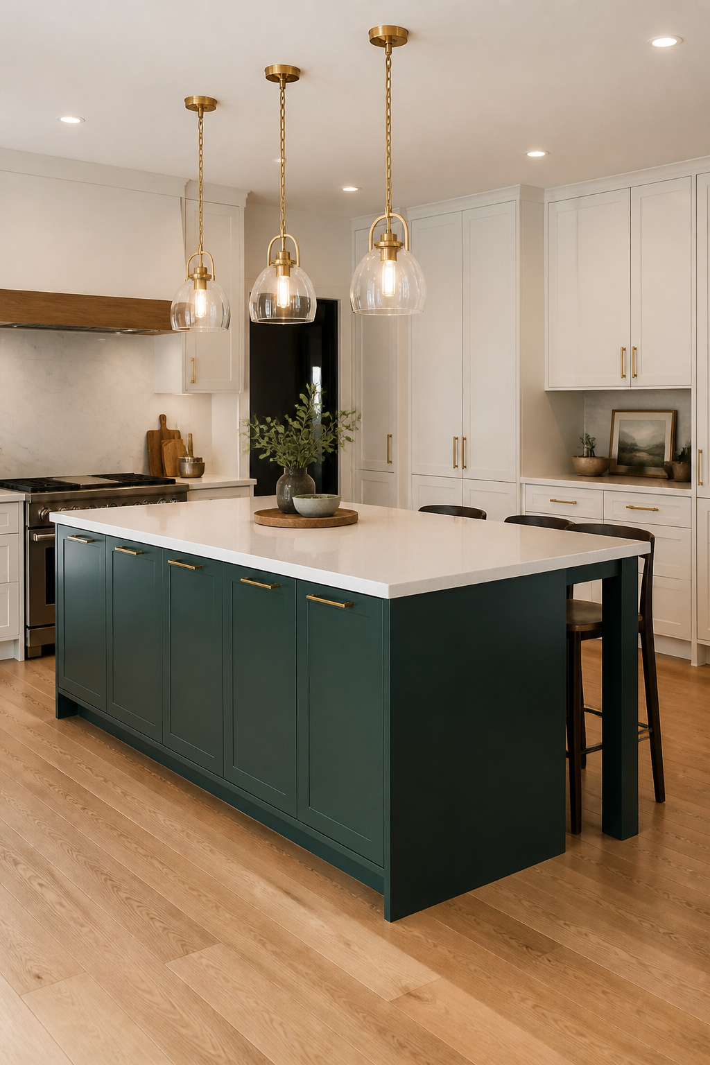 A deep forest green island anchors a white perimeter kitchen — the 60-40 color ratio and pendant lighting unify the contrast into a coherent contemporary composition.