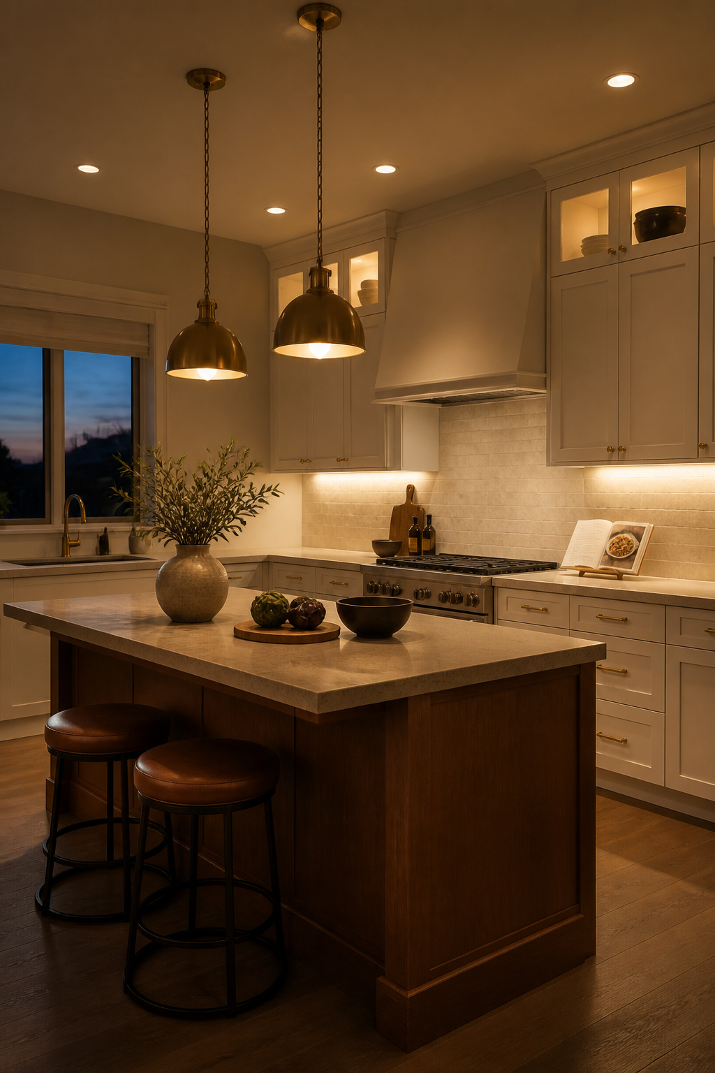Three lighting layers — ambient recessed, under-cabinet task, and pendant accent — each on separate dimmers, show the difference between a lit kitchen and a designed one.