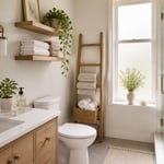 A calm, beautifully organized small bathroom featuring natural wood floating shelves, a teak ladder rack, wicker basket accents, and a marble vanity tray — showing how intentional storage choices transform a tight space into a wellness sanctuary.