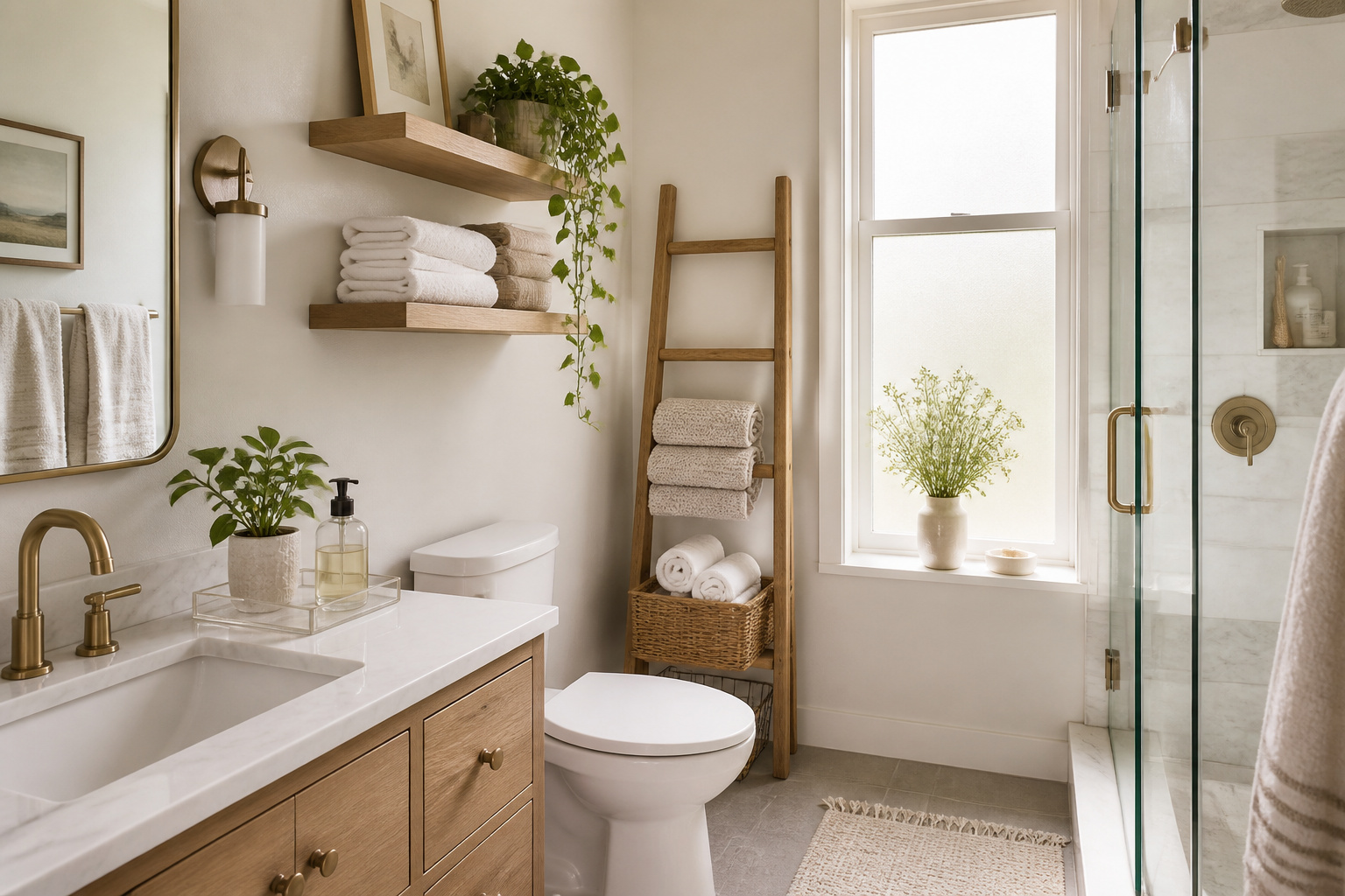 A calm, beautifully organized small bathroom featuring natural wood floating shelves, a teak ladder rack, wicker basket accents, and a marble vanity tray — showing how intentional storage choices transform a tight space into a wellness sanctuary.