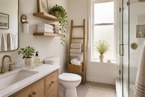 A calm, beautifully organized small bathroom featuring natural wood floating shelves, a teak ladder rack, wicker basket accents, and a marble vanity tray — showing how intentional storage choices transform a tight space into a wellness sanctuary.