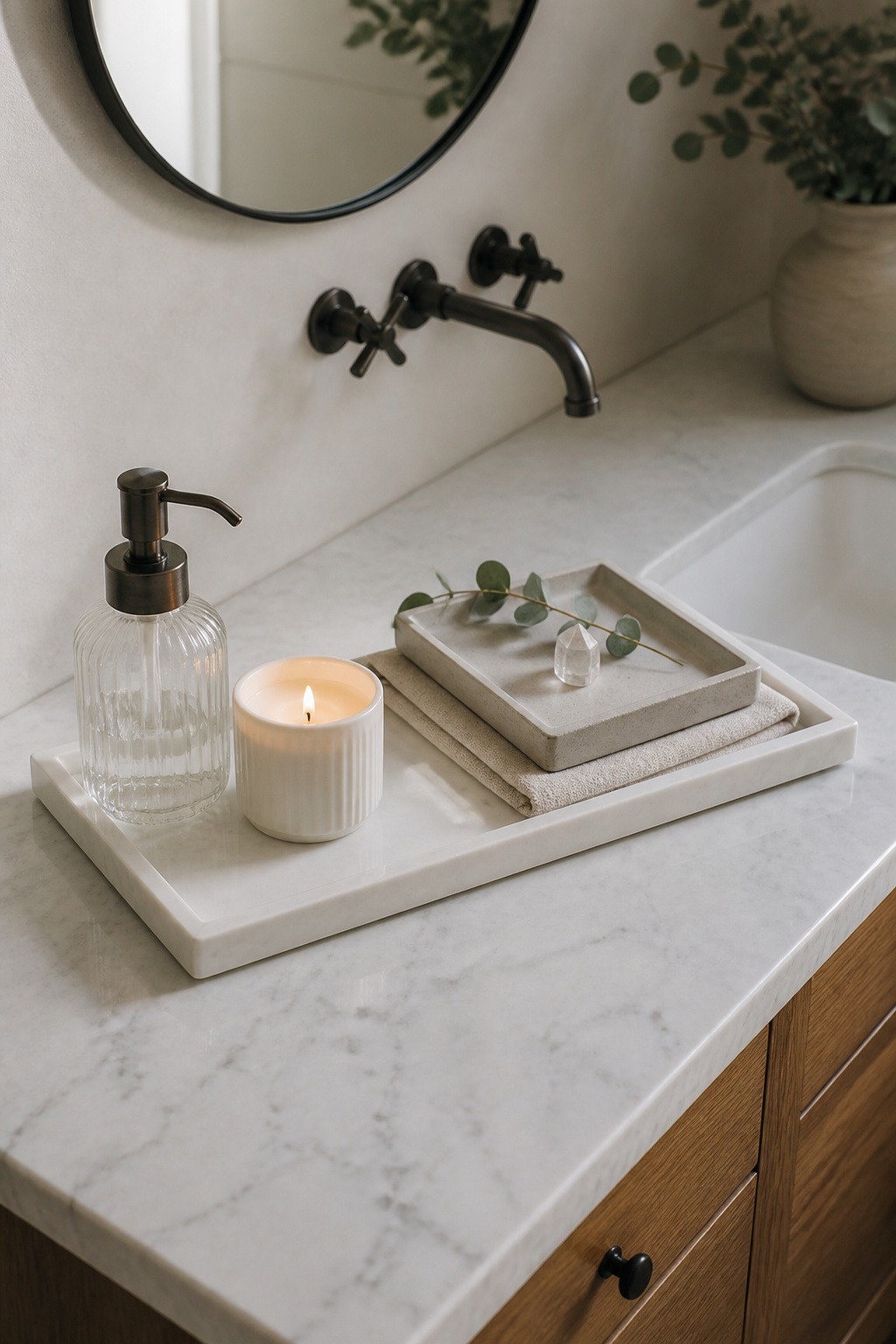 A marble tray stacking display on a bathroom counter — a larger tray below, a smaller concrete tray raised on a linen riser above — groups essentials into a curated vignette that reads as intentional display, not counter clutter.