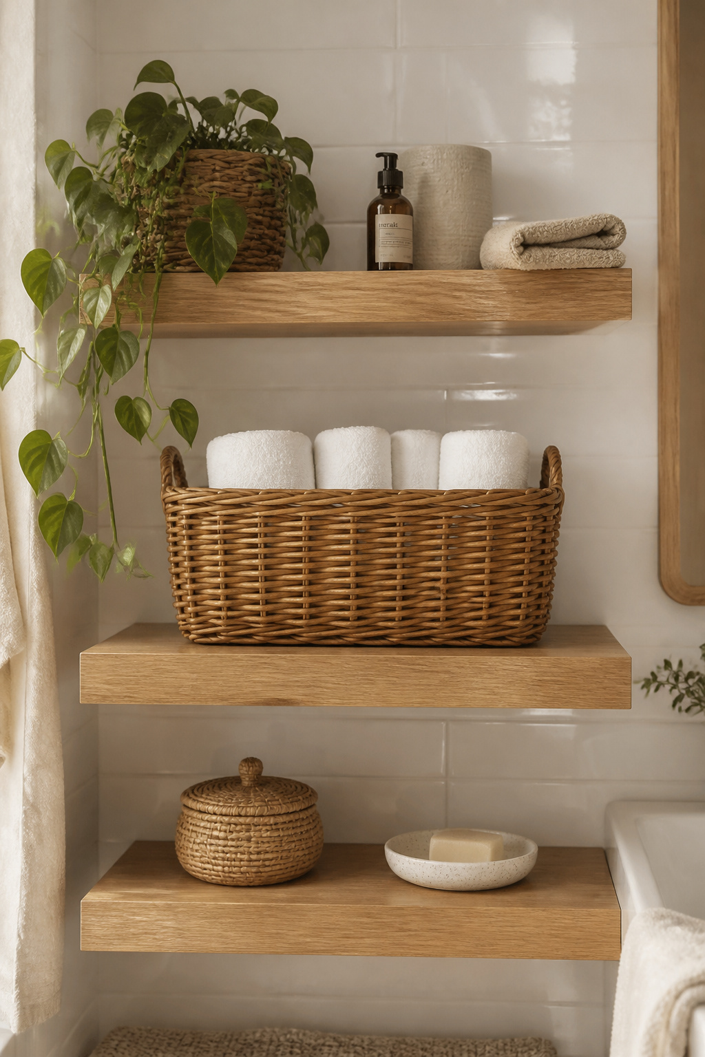 Wicker and rattan baskets styled across white oak floating shelves bring biophilic warmth to a small bathroom — the natural textures soften the hard surfaces while organizing towels and everyday essentials.