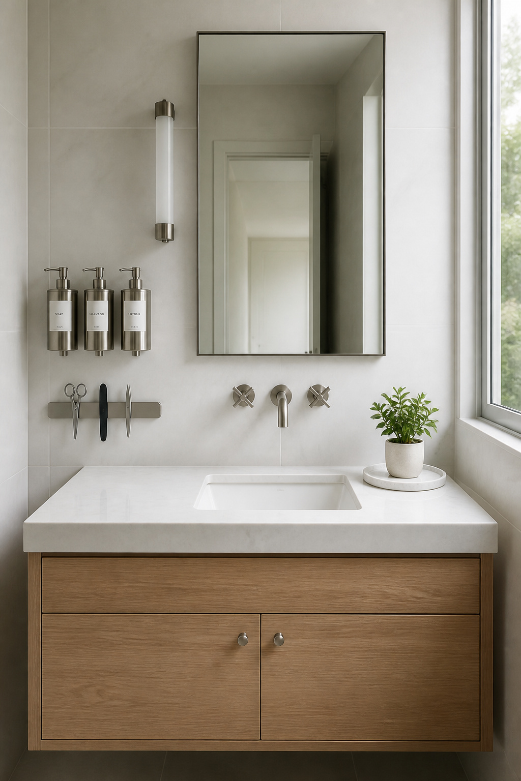 A completely cleared bathroom counter with wall-mounted stainless dispensers and a magnetic grooming strip — the visual calm of zero-counter clutter is a genuine wellness upgrade, not just an aesthetic preference.