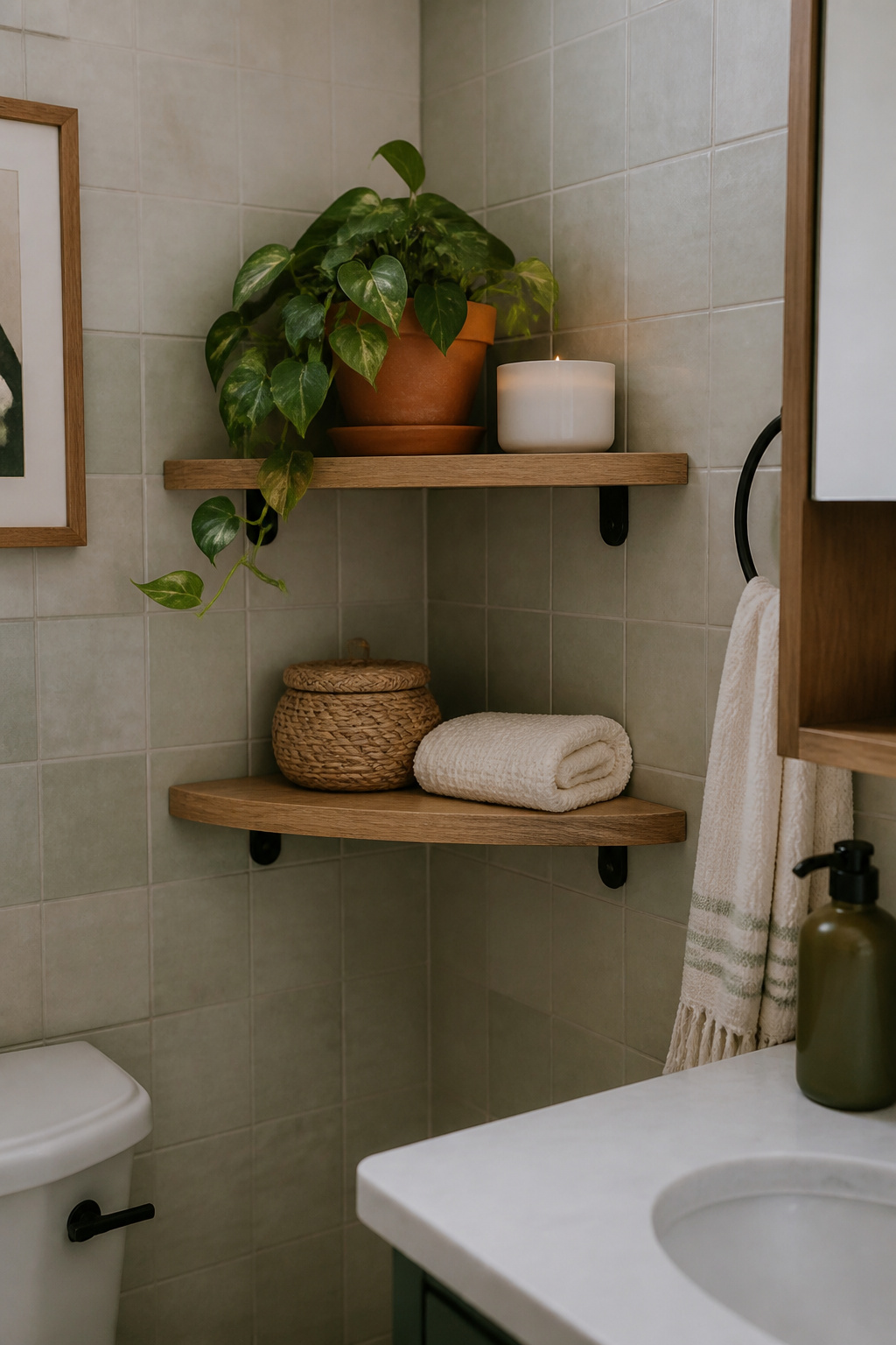 Triangular oak corner shelves fitted into a bathroom corner hold a trailing plant, a candle, and a wicker basket — activating the most overlooked real estate in any small bathroom.