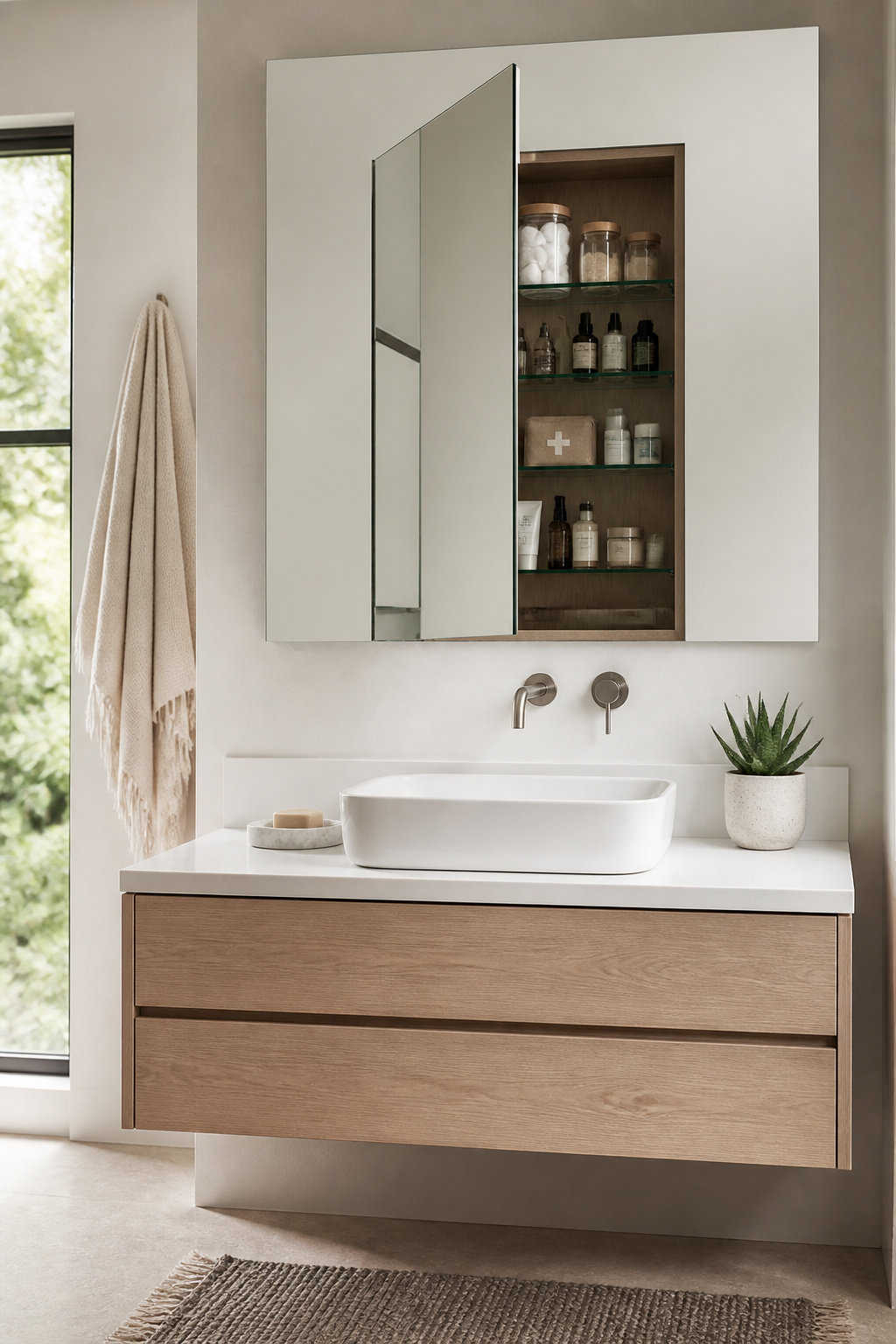 A frameless recessed medicine cabinet sits flush with the wall above a white oak floating vanity, hiding toiletries while keeping the counter completely clear — the highest-impact swap in a small bathroom.