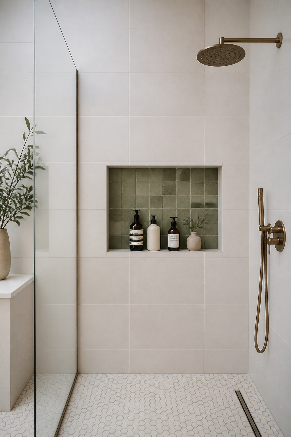 A recessed shower niche tiled in contrasting sage zellige holds shampoo and body wash bottles cleanly — a permanent, mold-resistant alternative to hanging shower caddies.