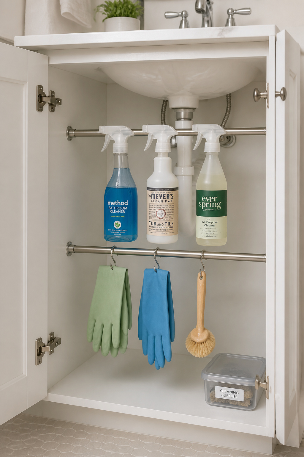 Two tension rods across the under-sink cabinet create hanging rails for spray bottles and S-hook accessories — a $10 total investment that transforms the most chaotic cabinet zone into organized, accessible storage.