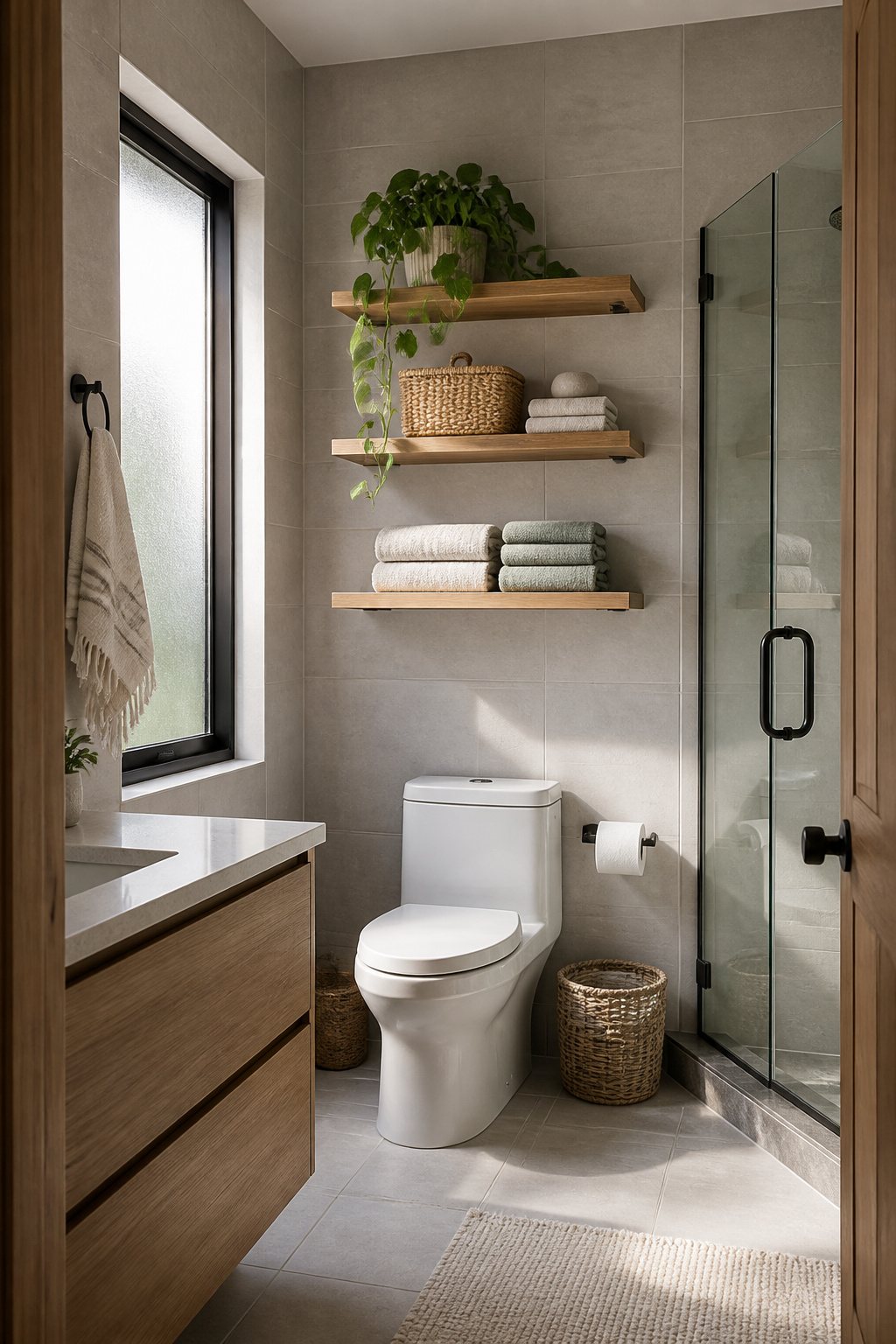 Three white oak floating shelves above a toilet hold folded linen towels, a trailing pothos plant, and a wicker basket — the most effective use of vertical space in a small bathroom.