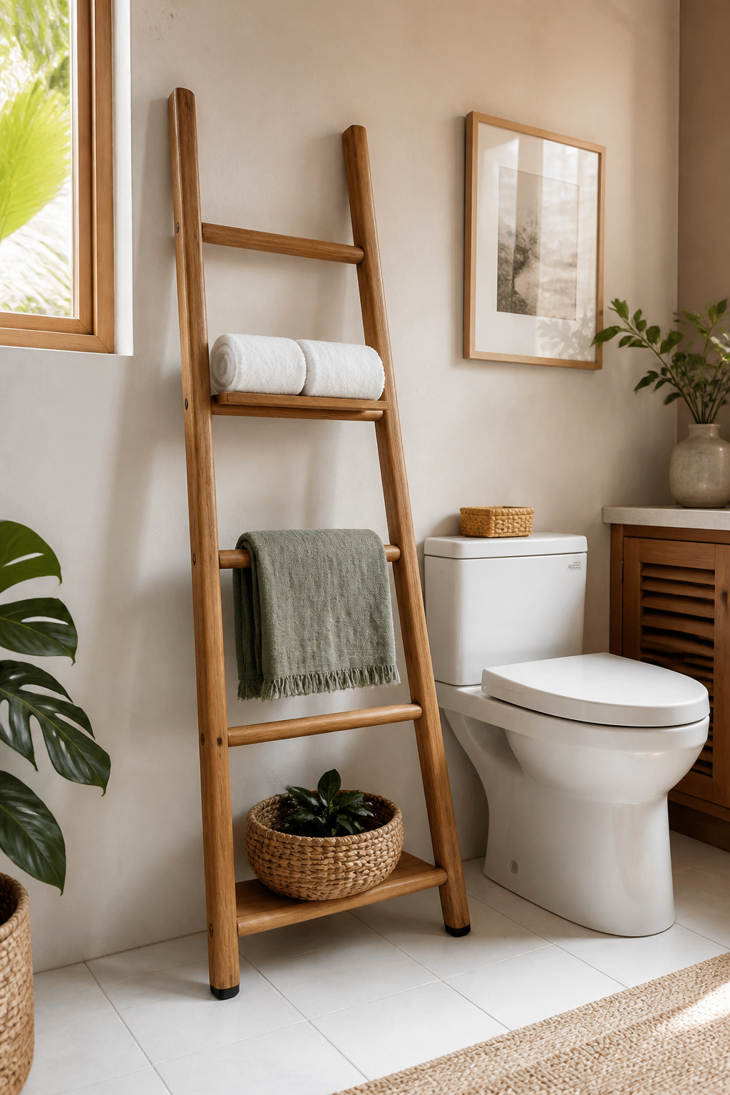 A freestanding teak ladder rack beside a toilet displays rolled white towels and a wicker basket with a plant — zero installation required and visually transforms the corner into a considered wellness vignette.