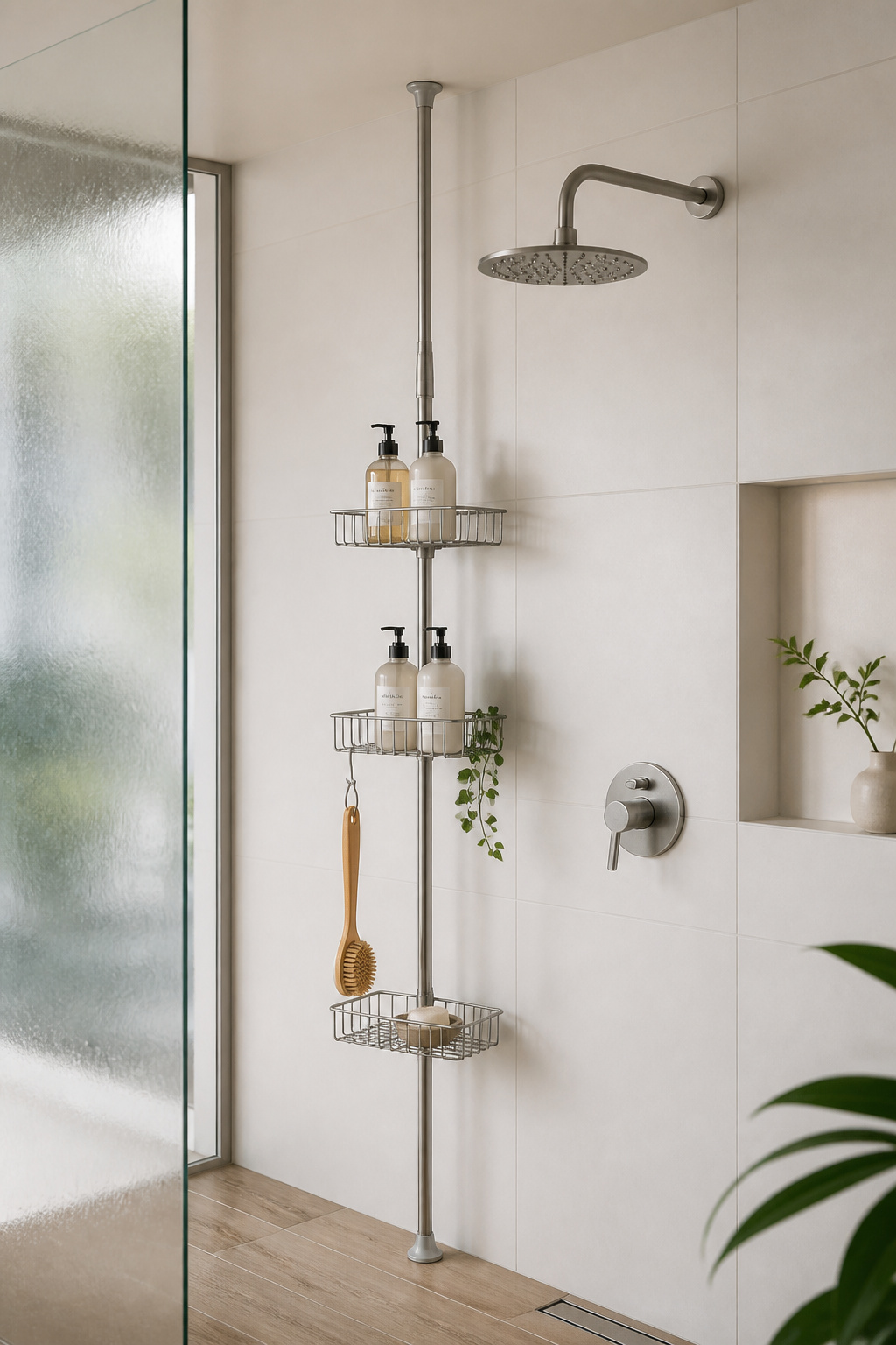 A brushed 304 stainless steel tension-pole shower caddy with three tiers holds glass bottles and a bamboo brush in a walk-in shower — the only shower storage material worth buying if you want zero rust.