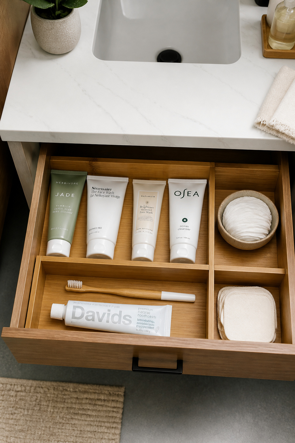 Bamboo adjustable drawer dividers transform a bathroom vanity drawer into a calm, organized system — each item has its own zone, and every morning routine becomes a deliberate ritual rather than a rummage.