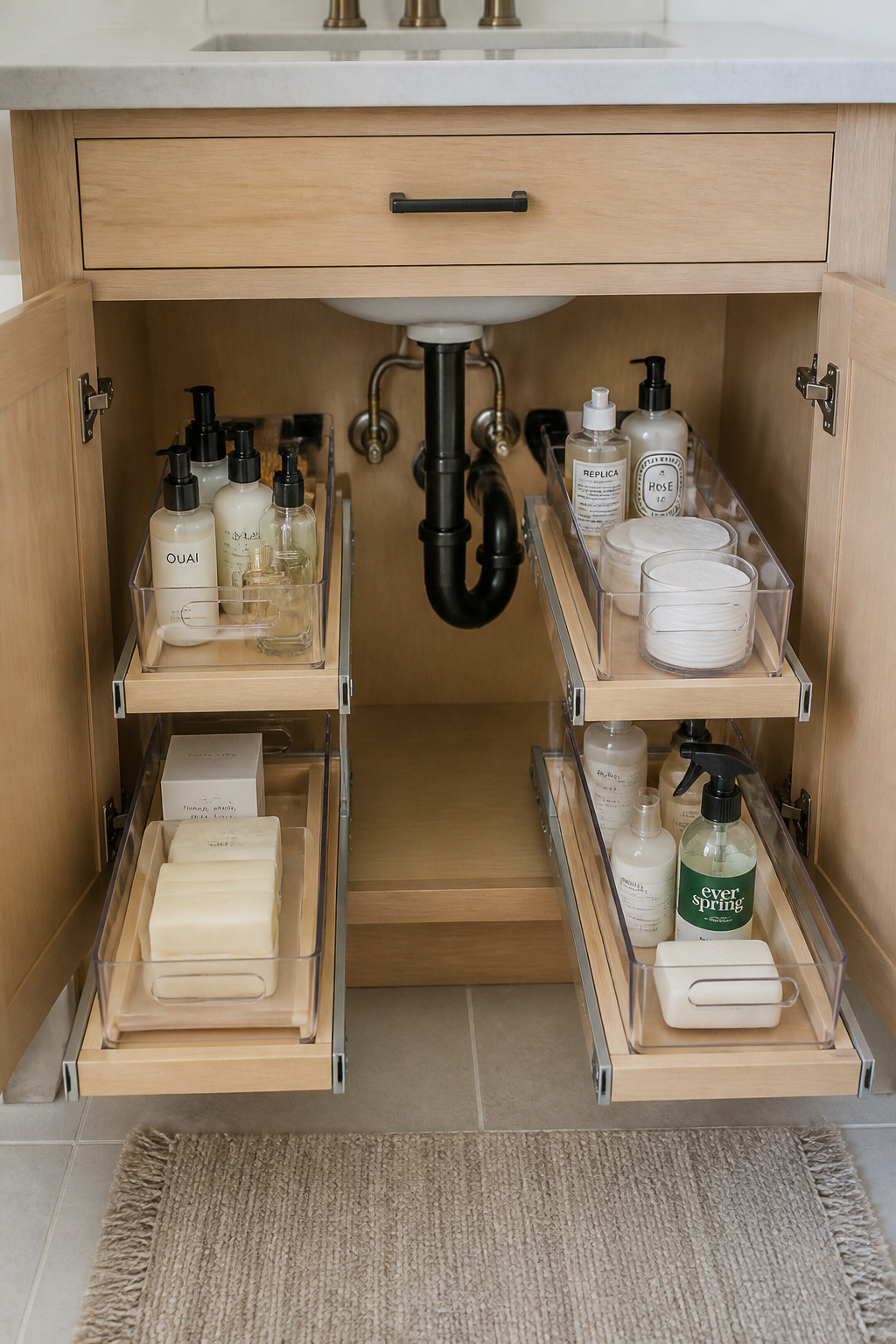 A U-shaped pull-out organizer system in a bathroom under-sink cabinet reveals every item clearly — the natural maple shelving and clear acrylic bins transform a chaotic cabinet into a calm, functional storage zone.