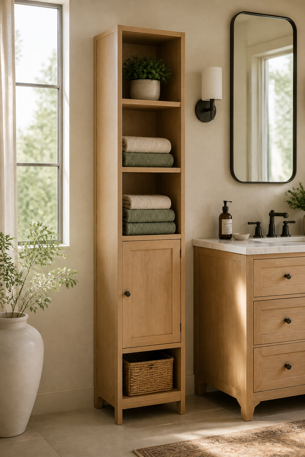 A slim solid oak freestanding linen tower beside a bathroom vanity provides open and closed storage from a one-square-foot footprint — folded towels, a plant, and a wicker basket styled across its shelves.