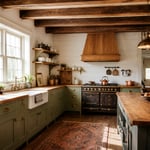 The complete farmhouse kitchen remodel — shiplap walls, an apron sink, butcher block countertops, exposed ceiling beams, period hardware, and a custom range hood — gathered into a single hero scene.