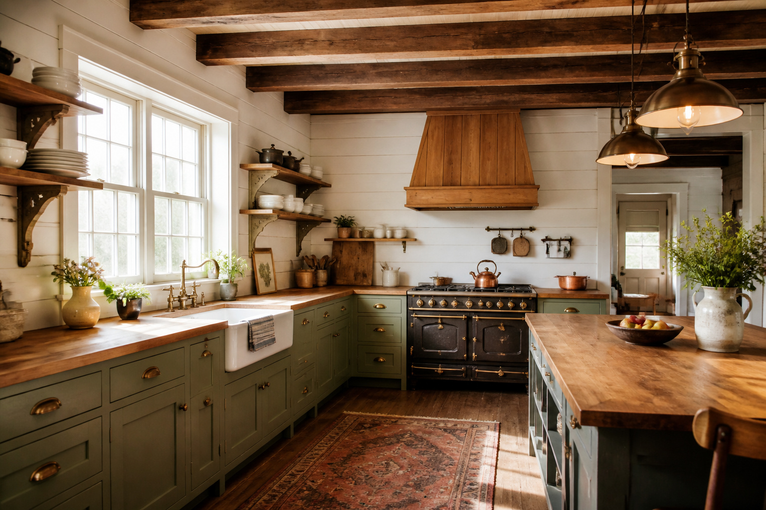The complete farmhouse kitchen remodel — shiplap walls, an apron sink, butcher block countertops, exposed ceiling beams, period hardware, and a custom range hood — gathered into a single hero scene.