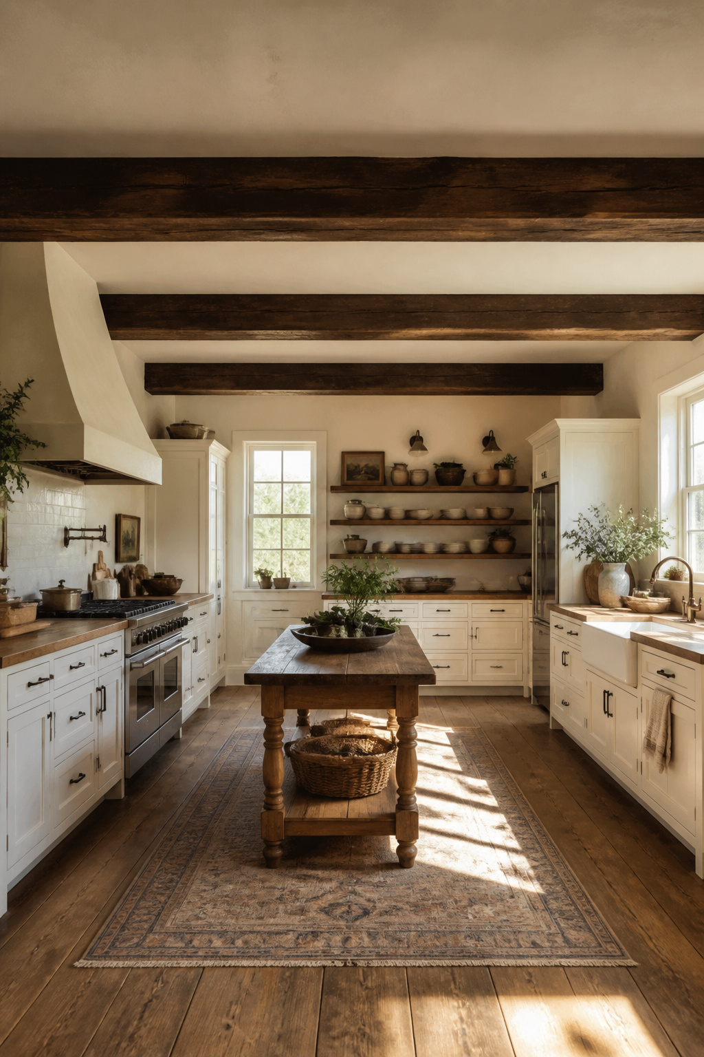 Substantial faux-wood ceiling beams add structural authenticity overhead — the most dramatic single change you can make, provided they're sized to read as real timber.