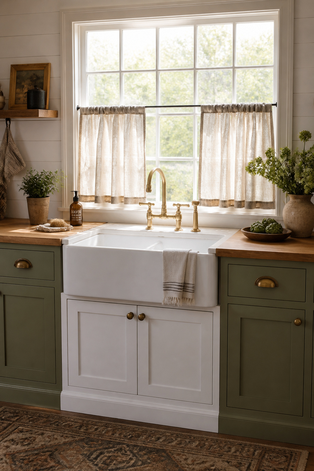 A white fireclay apron-front sink set into a modified base cabinet demonstrates the single most impactful upgrade in a farmhouse kitchen remodel — nothing else communicates farmhouse character as immediately.