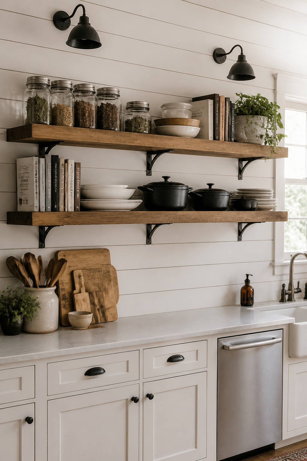 White oak shelving on simple black brackets replaces upper cabinets, opening the wall vertically while the displayed dishes and cast iron carry the farmhouse aesthetic on their own.