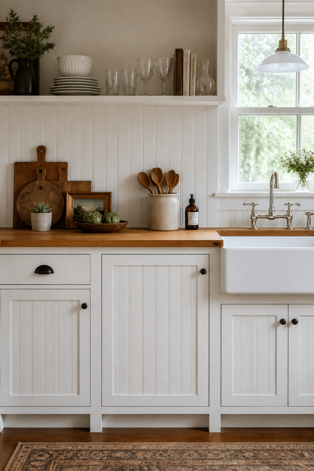 White PVC beadboard on the backsplash and lower cabinet panels delivers genuine period detail as one of the fastest, most affordable farmhouse updates available.