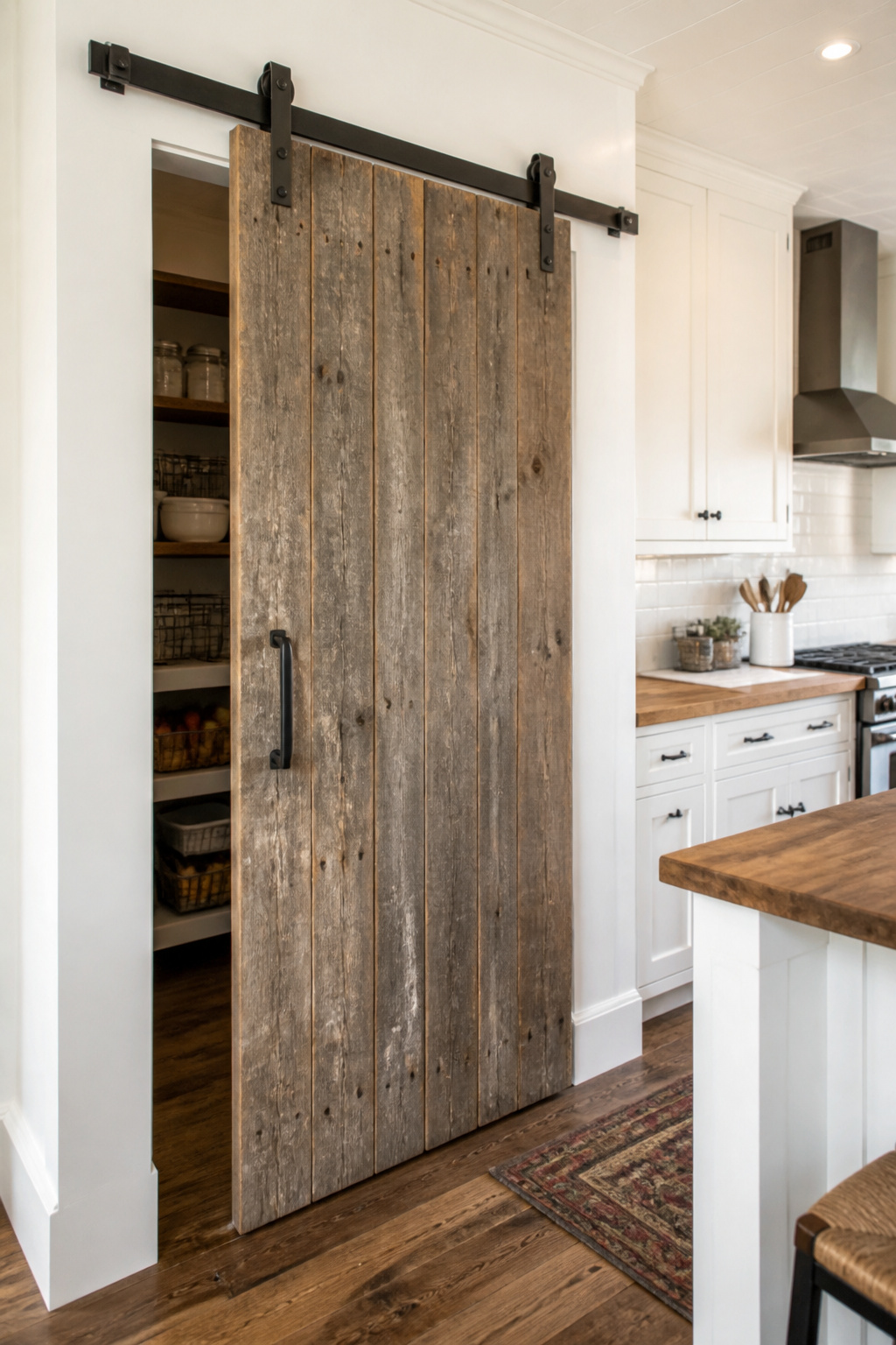 A reclaimed-wood sliding barn door on heavy black track hardware earns its place by solving a real problem — eliminating door-swing radius in a tight pantry opening.