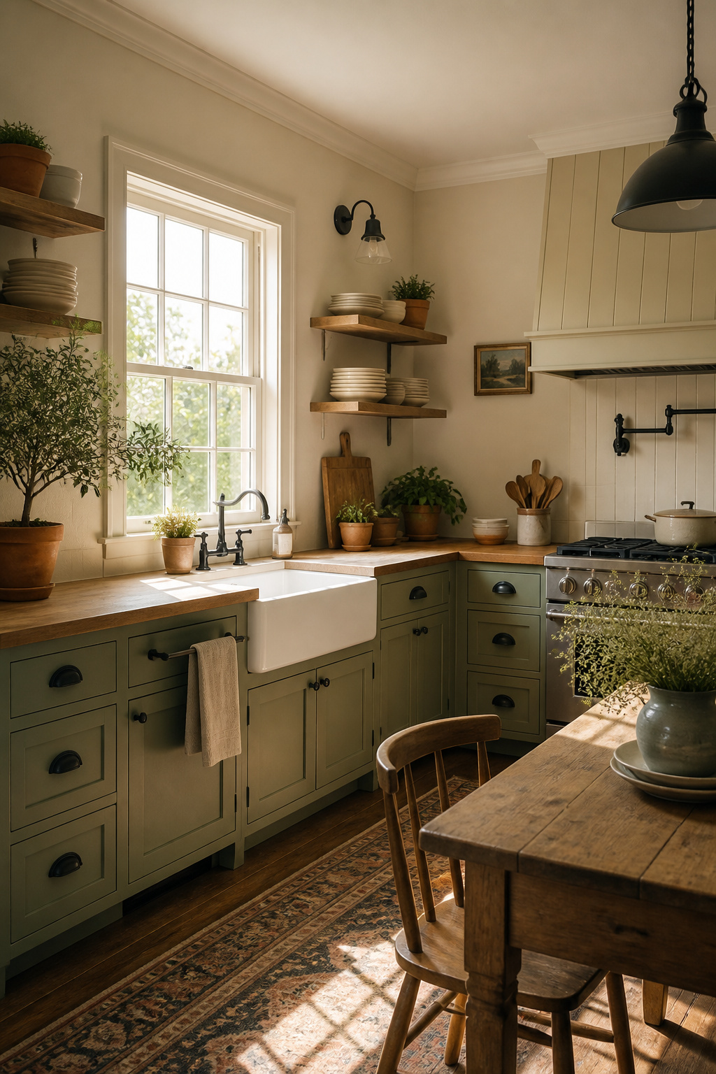 Sage lower cabinets, warm cream walls, and white trim recreate the earthy, milk-paint palette of pre-war farmhouse kitchens — far more period-accurate than all-white.