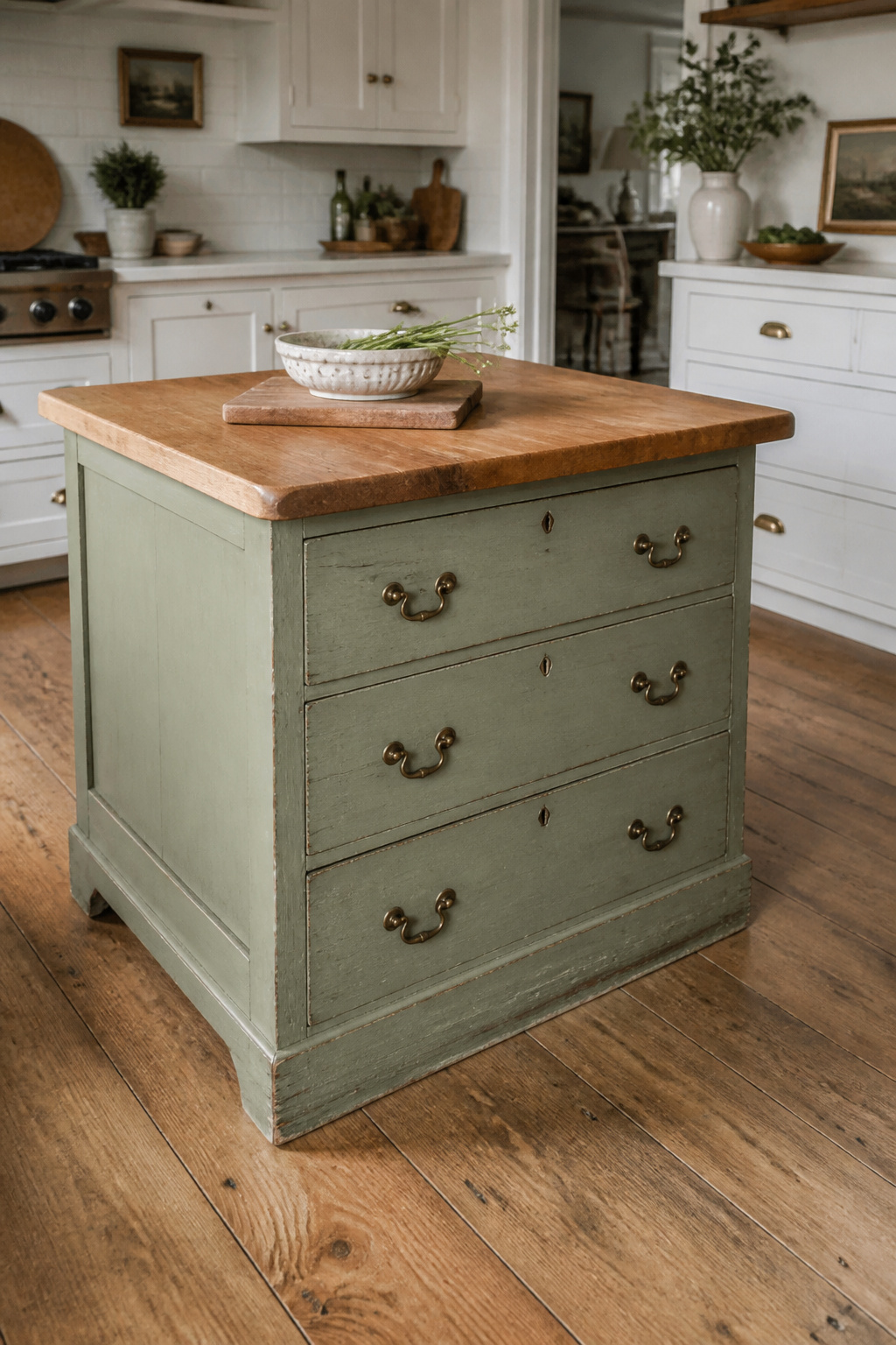 An antique pine dresser converted to a sage-green island signals kitchen history immediately, breaking the matched built-in grid the way real farmhouse kitchens always did.