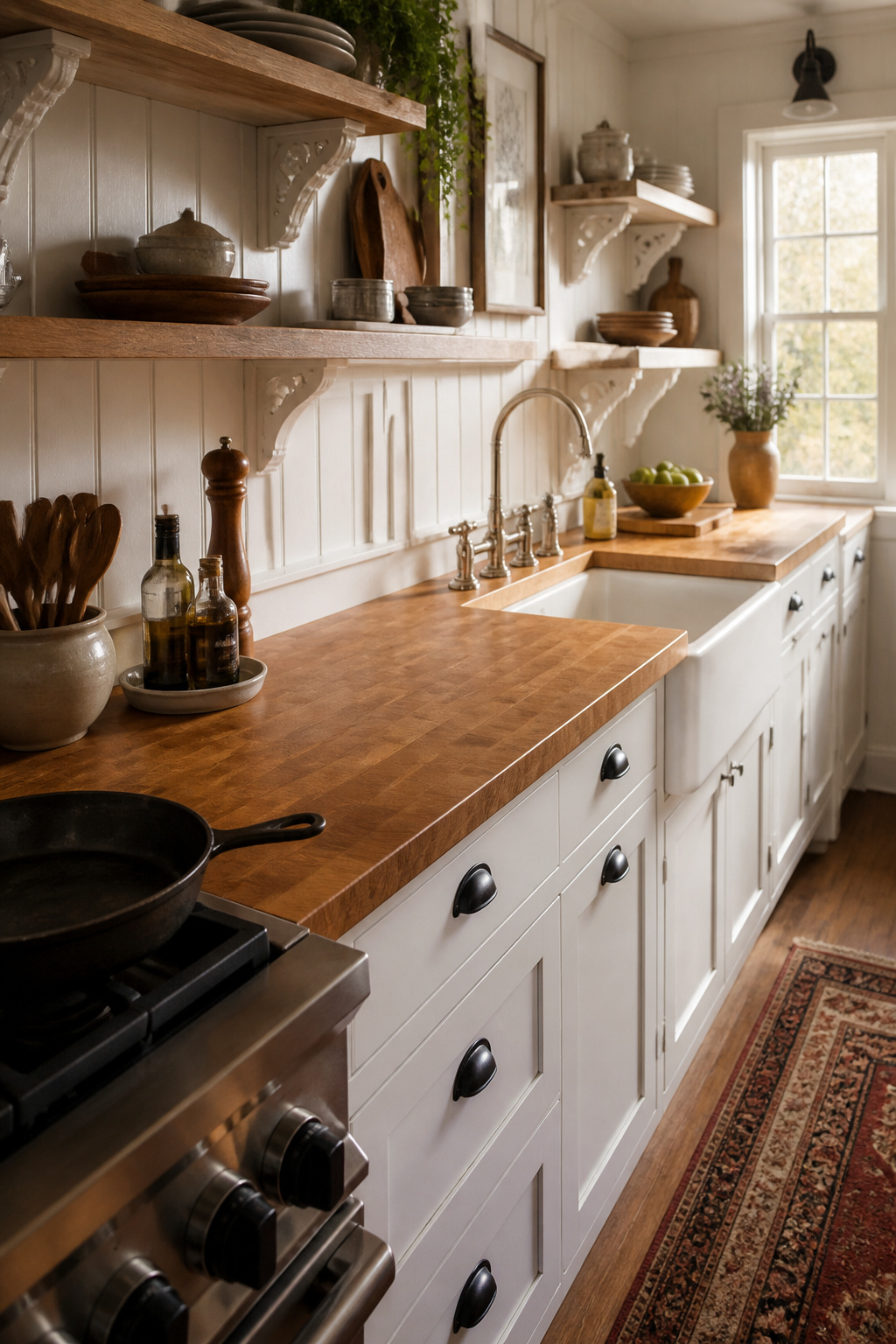 Hard maple butcher block countertops bring warmth and lived-in character that stone can't replicate, anchoring the room around an honest, refinishable surface.