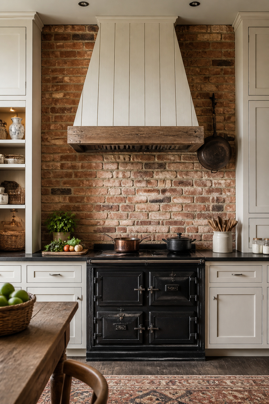 A reclaimed thin-brick accent wall behind the range brings centuries-old patina that no manufactured panel can replicate, framed by a custom pine range hood.