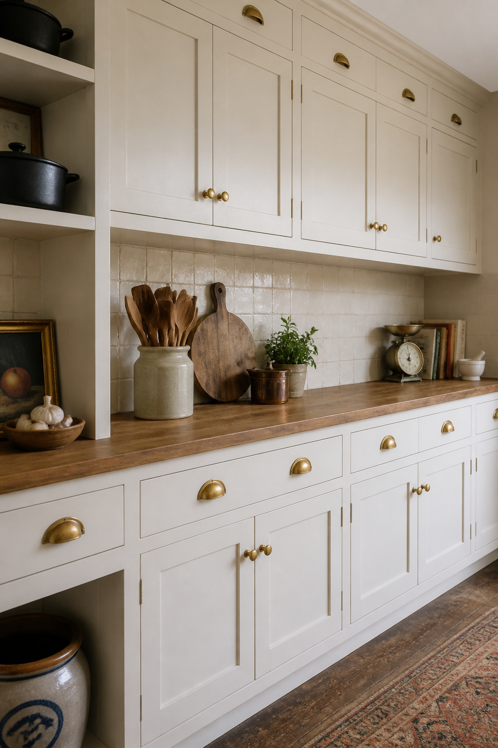Aged brass cup and bin pulls on off-white shaker cabinets show how period-correct hardware makes builder-grade cabinetry read as custom millwork.