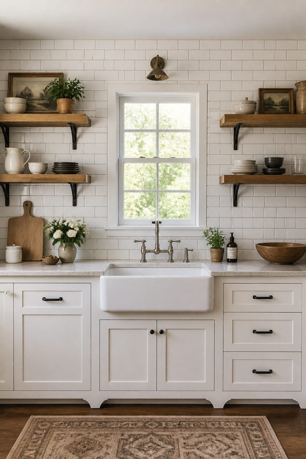 White subway tile with warm buff grout reads as genuine period detail — the utilitarian backsplash farmhouse kitchens adopted for exactly the same reason they adopted everything else.