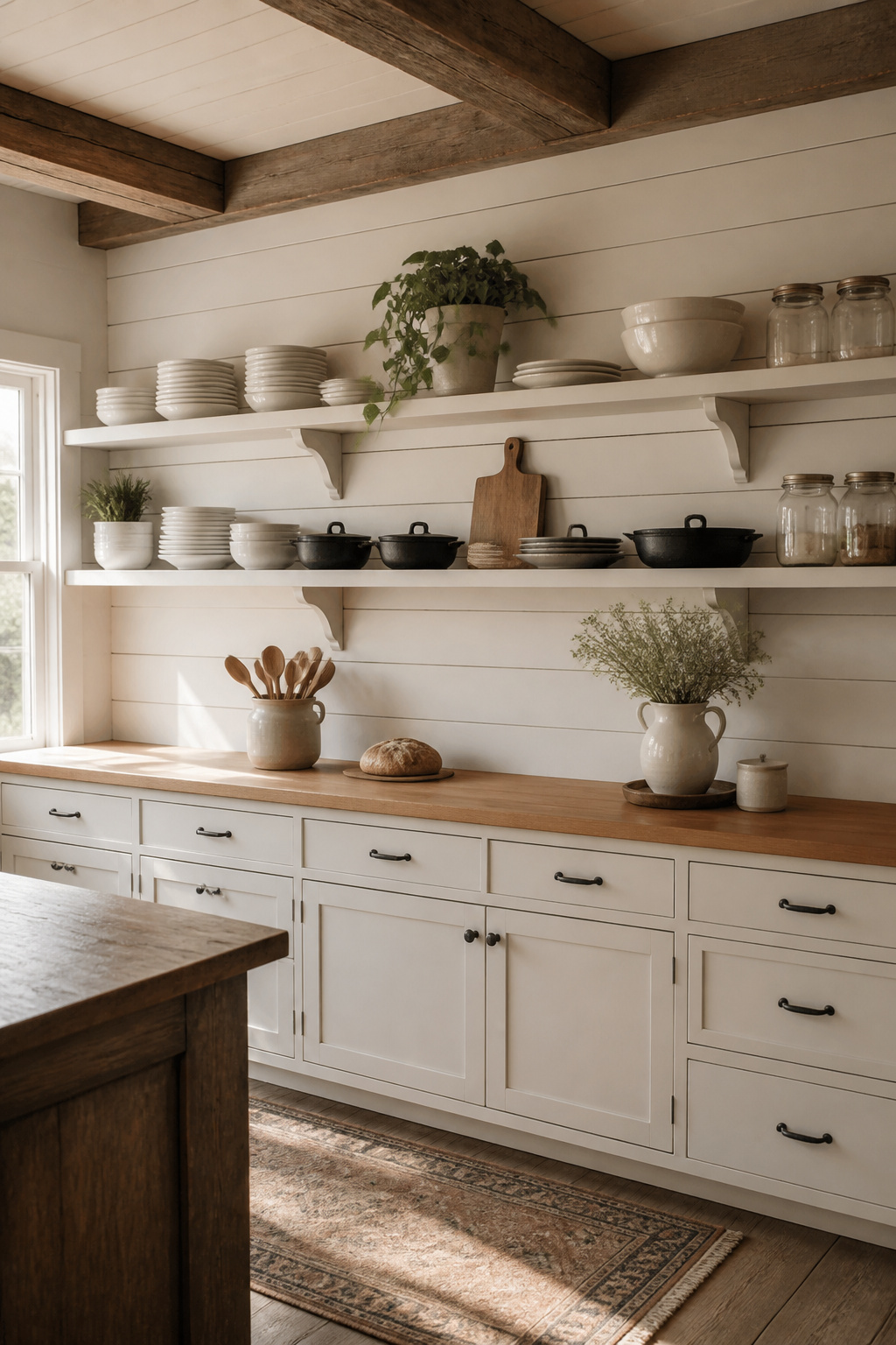 A white shiplap accent wall behind open pine shelving shows how a single 40–60 sq ft installation delivers the full farmhouse signature at a fraction of the cost of shiplapping an entire kitchen.