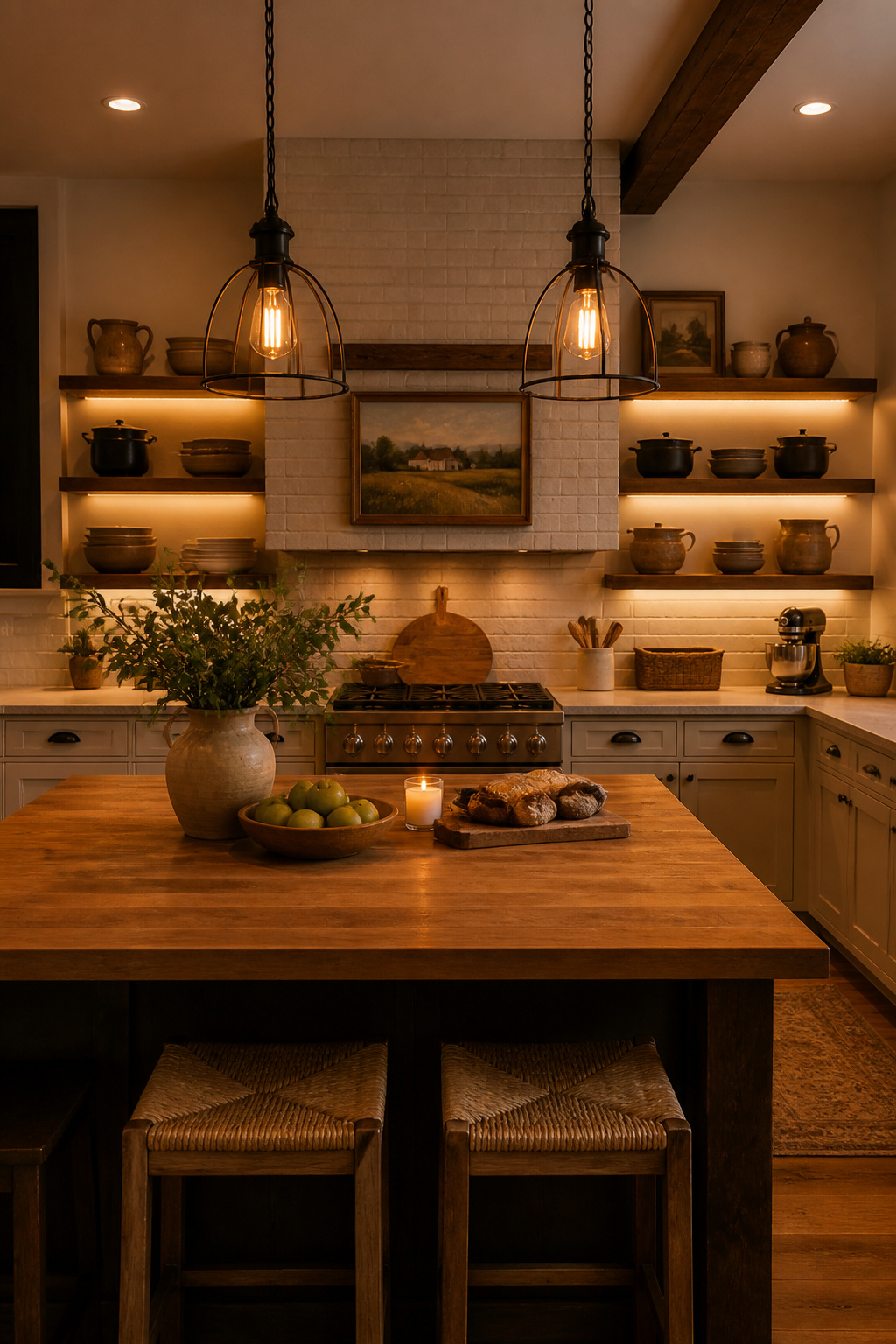 Cage pendants, under-cabinet LED strips, and ambient recessed light work together — the three-layer approach that makes a farmhouse kitchen both warm and genuinely functional.