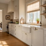 A white Shaker kitchen with fireclay farmhouse sink, unlacquered brass hardware, and open ironstone shelving — the elements that define traditional kitchen cabinetry at its most considered.