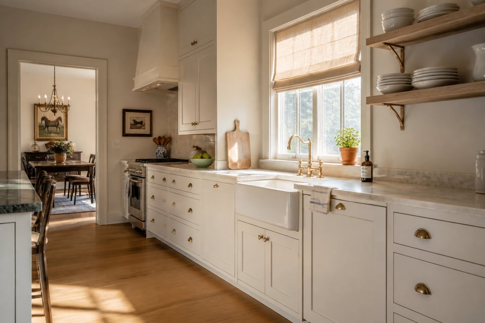 A white Shaker kitchen with fireclay farmhouse sink, unlacquered brass hardware, and open ironstone shelving — the elements that define traditional kitchen cabinetry at its most considered.
