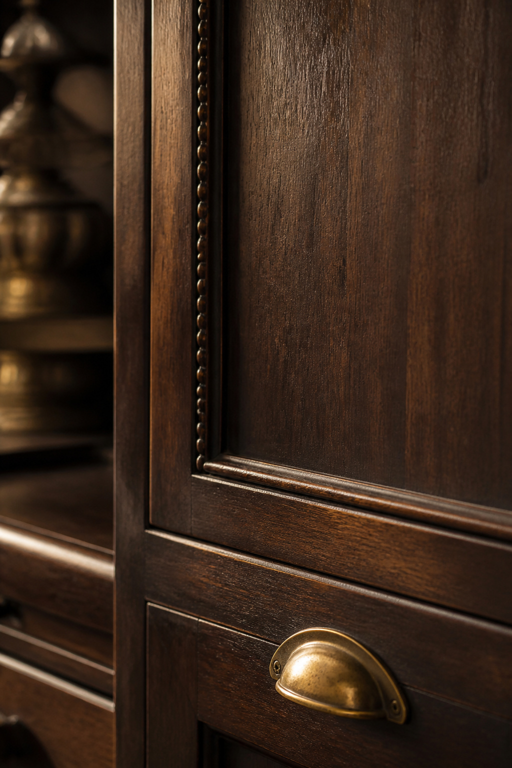 The beaded detail at the face frame edge — 1/4 inch of rounded profile — catches light and creates the shadow line that defines Victorian-era cabinetry.