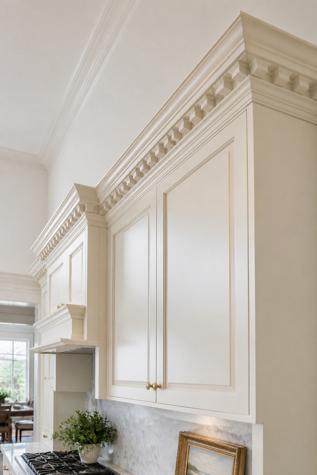 Dentil crown moulding traces its origins to Greek and Roman architecture and remains the most formal choice for Georgian and Colonial Revival kitchens.