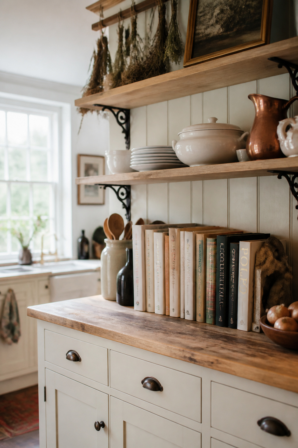 The Irish dresser model — enclosed lower storage, open upper shelves for display — has been the practical kitchen standard for three centuries and remains the most functional approach today.